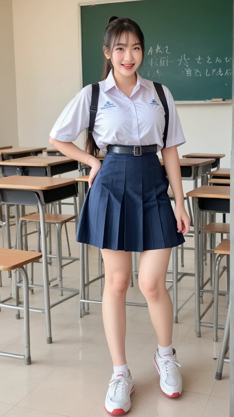 highest resolution, 8ก, high definition, (((long hair))), (( thai student, half-caste, Thai-Japanese-Korean, Age 18-25 years, Height 173 centimeters)), (((stand, walk))) , (((Beautiful face, แต่งBeautiful face, Double eyelids, red lips, smile at the corner of your mouth., beautiful eyes))), ((beautiful woman, Actual Image)), ((short sleeve, เสื้อเชิ้ตสีขาวthin ๆ, collared shirt)), ((Name embroidered in blue letters on the right chest of the shirt.., have a name "Porn videos" Rungruangpiwatsakul")), ((สัญลักษณ์โลโก้schoolที่อกซ้าย)), ((Dark blue long pleated skirt.., Cover the whole leg)), ((Blue skirt, มีbeltผู้หญิง)), ((big breasts, breast augmentation)), ((Symmetrical shape, sexy body)), ((thin, small waist)), ((black elementary school shoes, Short white socks)), ((Wear a watch, belt)), (((full body, Look at every part of the body.))), ((background, balcony, building, school, building))