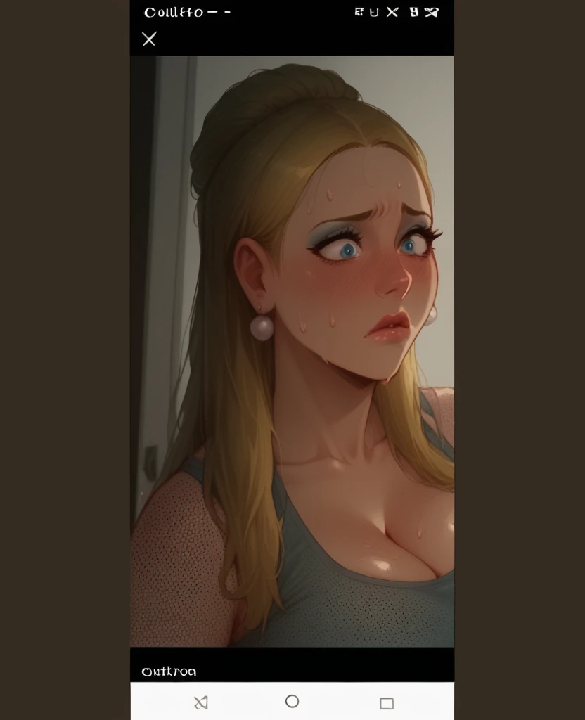 Busty nerd, silly face and open mouth