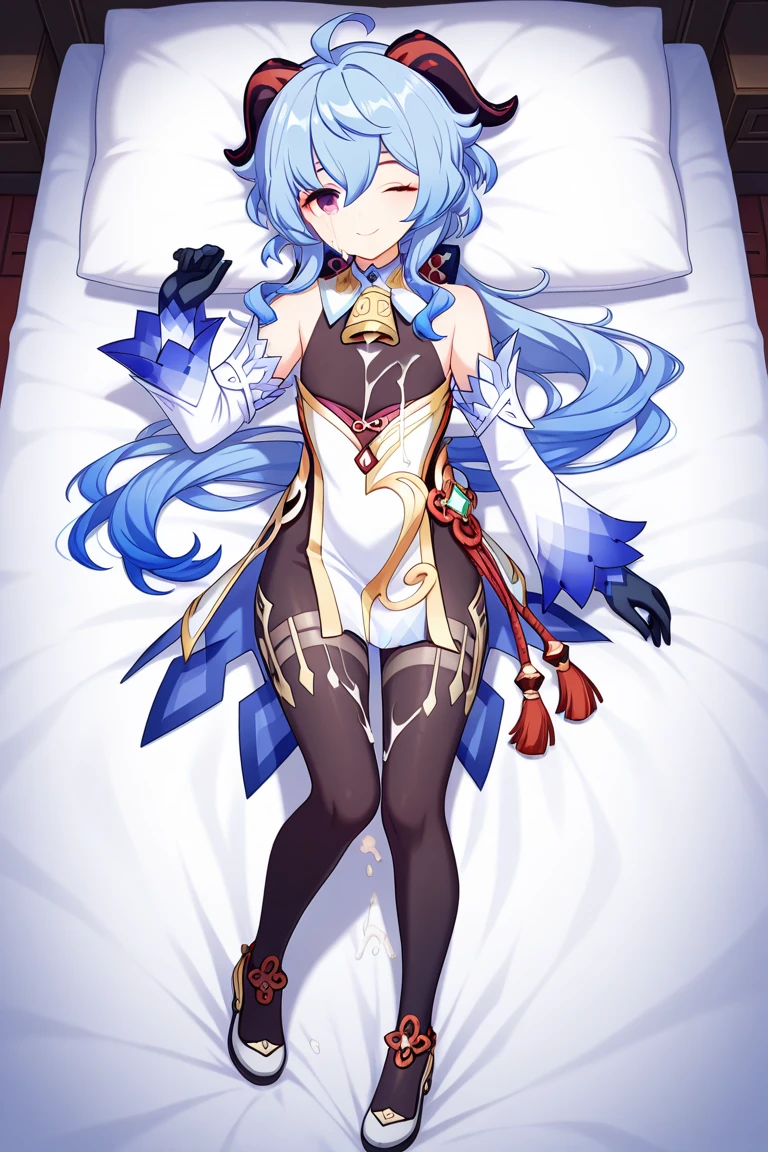 1 girl, Clean eyes, very wide eyed, pretty face, permanent , Very posture, very young, Blue ponytail long hair, red goat horns,permanent,lying on bed,graceful figures,spread legs,thin very long legs,lying on bed,spread legs,Shy face