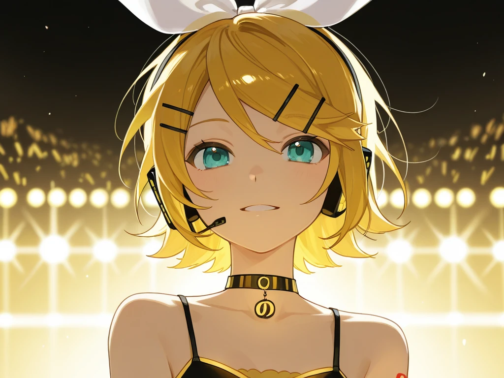 Slender woman in cool beauty style. Female Solo. Her yellow hair is partially accented with black. big headphone. A look of bewilderment.Stretch your tongue.she has short hair. Blunt bangs. Two cords extending from the headphones. Medium bust. Yellow and black bondage. The tattoo. Sharp eyes.