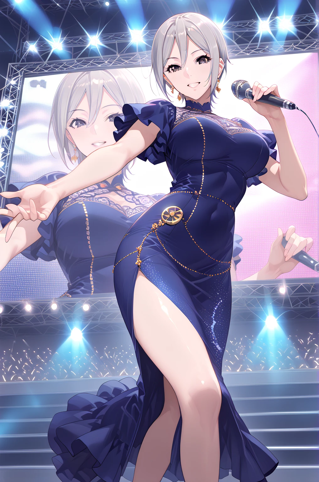 NSFW,(uncensored),(super fine illustration,8K CG wallpaper,best quality,extremely detailed,ultra high res,best aesthetic),(cowboy shot,From front), BREAK (midium breasts) (slender), (cdy:1.1), ((singing)), (stage,Spotlight:1.3), ((holding 1 microphone)), BREAK idolmaster, {{{anastasia}}}, (15yo,beautiful girl,cute girl),(beautiful blue eyes),(beautiful silver hair), (((extra short hair))),((spiky hair)), ((((mullet hairstyle)))),(wet hair), (wet skin),((((((see-through)))))), (open clothes), breasts, nipples, nipple slip, pussy, pussy slip, no panties,(embarrassed,smile), open mouths,(((one eye closed))),((tongue out)),deep breathing, feel good,indecency,spread legs, squatting,(((female masturbation:1.3))),(toying self), put your finger in the pussy,cum shot,,(looking at camera),(happiness:1.9),(love:1.5),(dynamic pose),(ecstasy:1.9,ahegao:1.9,wink:1.5),(bitch:1.3),(Commemorative photo:1.5),(spoken heart:1.5),