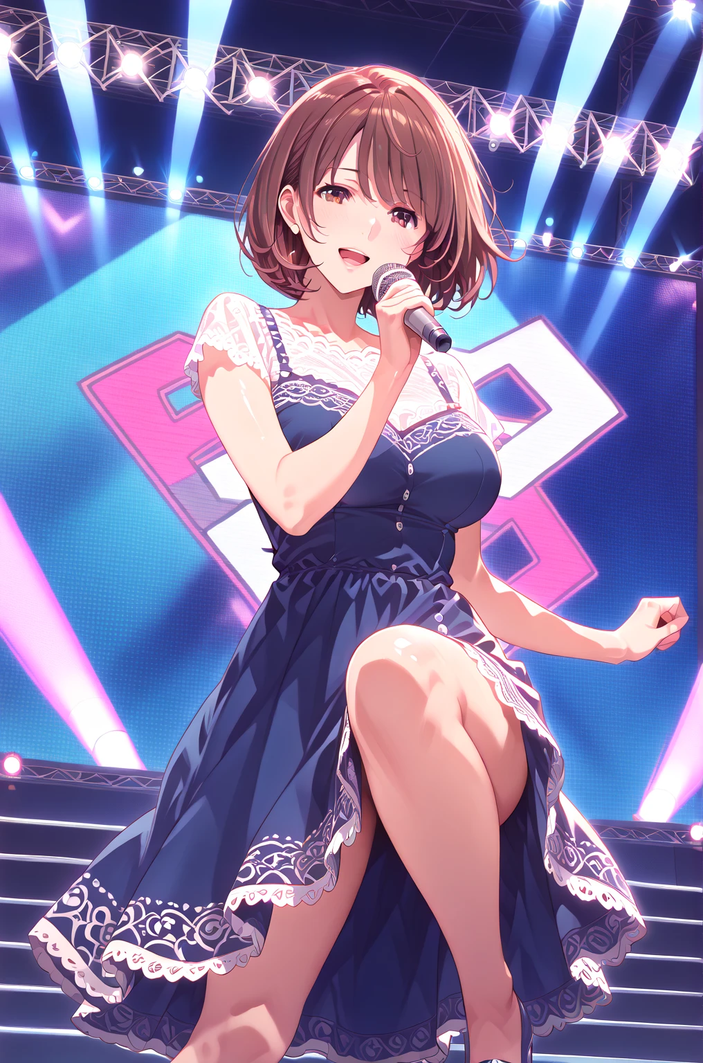 masterpiece, best quality, 1girl, solo, higuchi madoka, brown hair, mole under eye, hair ornament, hairclip, short hair, bangs, purple eyes, cowboy shot, idol, idol dress, thighhighs, smile, on the stage、Nsfw,まんこ、pussy、sex