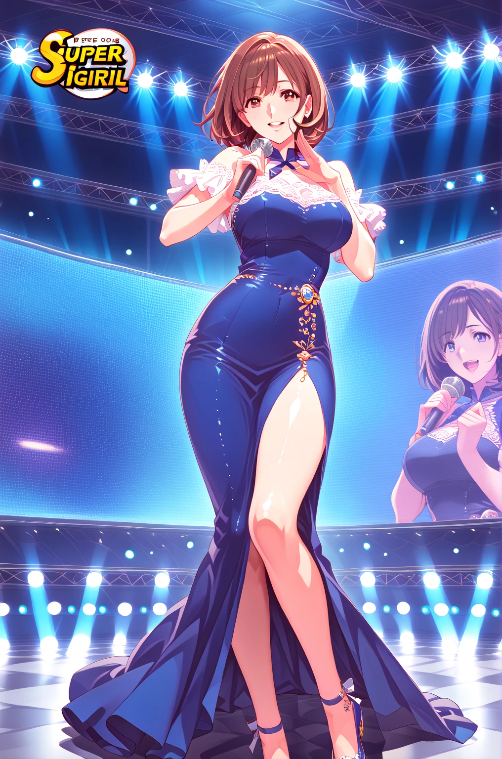 (masterpiece, best quality, high resolution, 8k), cowboy shot, BREAK, girl style anime, well defined eyes, high definition eyes, perfect body, perfect anatomy, eyelashes and black shadow under the eyes, detailed, round eyes with eyelashes and highlighted eye shadow, BREAK, wearing blue glasses, wering a wearing a black choker, brown light eyes, brown hair, jinx hair, wearing royal metallic blue high-neck long-slit dress thick high heels, blue, round butt, perfect curves, with watch on her hands, medium breast, BREAK, girl singing in a karaoke with a microphone, big speakers and subwooferlaser lights and colorfull ballons in a party house.