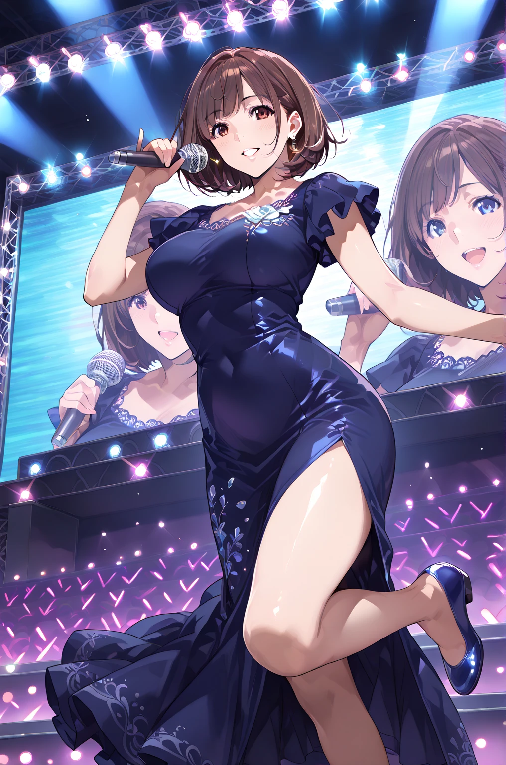 Anime illustration、highest quality、cyber punk、Sensual and voluptuous idol、Sing and dance、Night Show、illuminated by spotlight、Colorful glow sticks、Perfect Proportions、Live music on the stadium stage、Overwhelmingly large breasts、beautiful, Shining Eyes、Cowboy Shot、smile、Noise Reduction