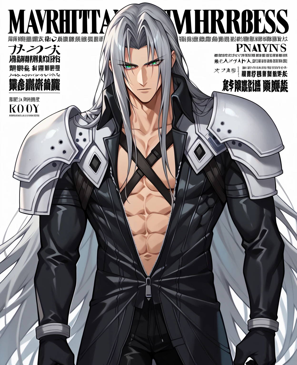 gray hair, gray long hair, ((yellow eyes)), eye patch, (((muscular))), big breasts, happy, (tanned skin), ((black clothes)), sexy, Ghislaine Dedoldia of Mushoku Tensei, fur-trimmed jacket, green pants, open fly, open belt, bikini top only, red choker, cat ears