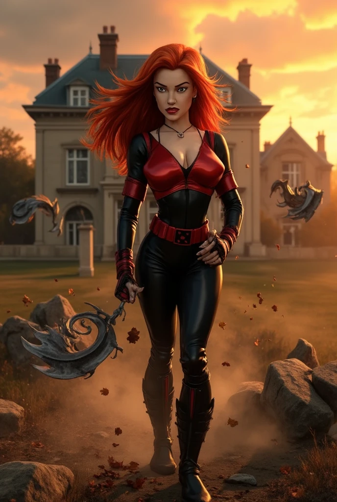 ((Best quality)), ((masterpiece)), (detailed: 1.4), (Absurd), Spawn woman, reborn from hell with several small demons and skeletons at her feet, beautiful, red hair, long shed with her legs out, crown with two long ciphers, full body, perfect body, generous neckline, hellish scene