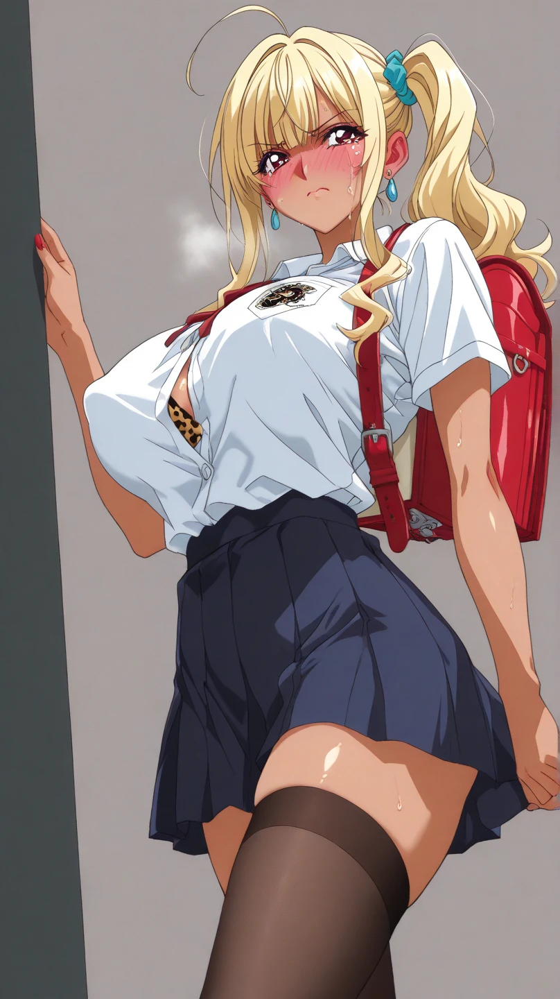 (top-quality、masterpiece)、1girl in、A stunning、a smile、a blond、barechested、School Uniforms、A stunning、(((Brown skin tone)))、sun burn、Mole、(((Colossal tits)))、large full breasts、Sheer areol、Kicking、Pink underwear is visible、Show underwear、neck tie
