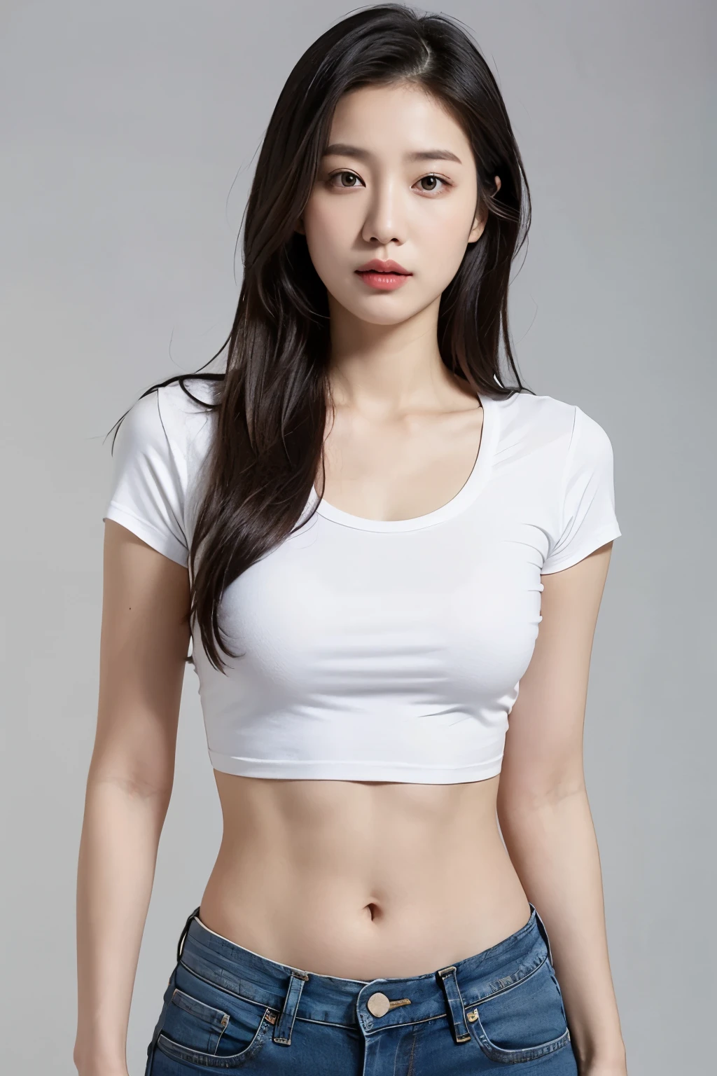 (colored picture), Photo realistic of beautiful asian、slender abs, (Highlight Haircutreast B Cup:1.2), medium breast, round shape breast, perfect shape breast,(( )),((wearing T-shirt, underwear outline ), (()), As she confidently posing for camera, , studio light, gray background, full body