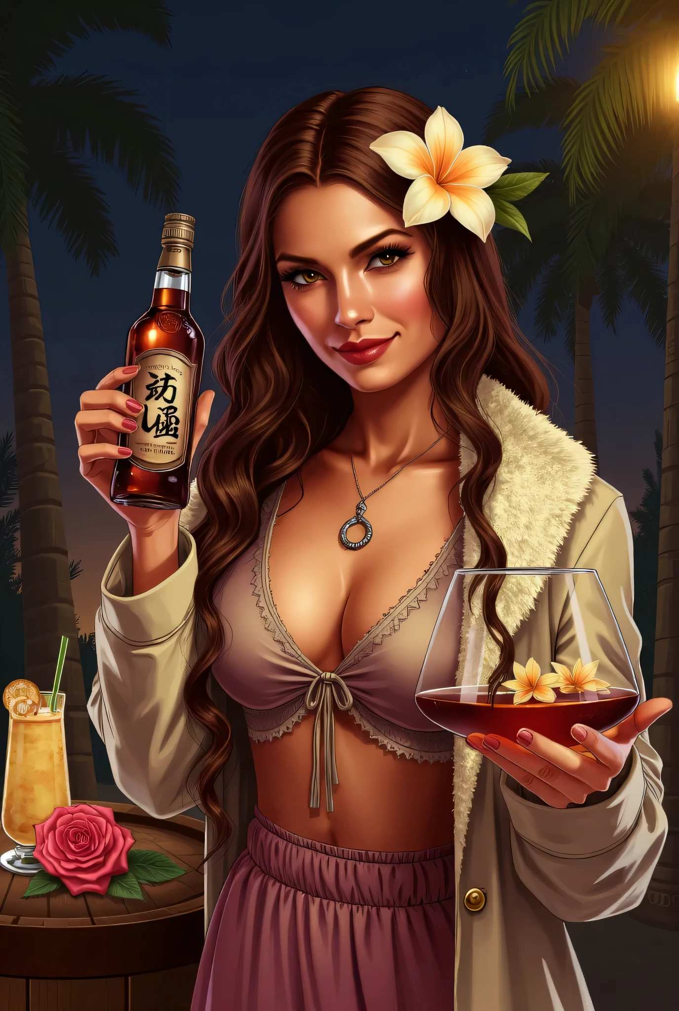 night、brown-haired young woman with rum in hand、 Costume、fur coat、Rum in hand、barrel of rum、1 white vanilla flower in the hair、A bottle of sake on top of a barrel、vanilla ice cream、vanilla flower、Trees in the background々、tropical flowers、 Rose、GTA