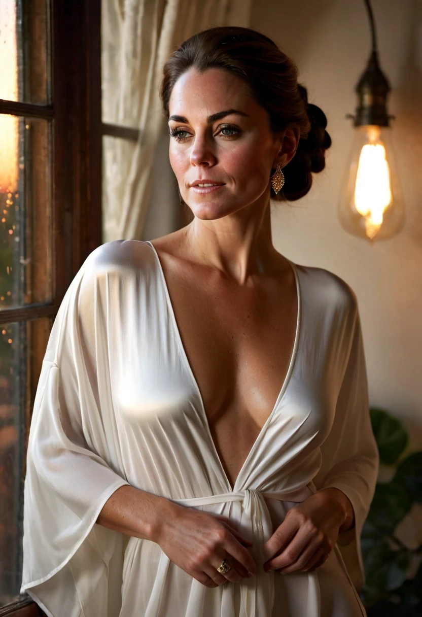 45 years old,(A MILF:1.2), a captivating gaze, green eyes, (A lot of wrinkles on her face:1.4), Old Woman Carla Gugino lookalike, Detailed wrinkles (8K, High resolution, ultra-quality, An ultra-high picture quality, Ultrarealistic, Best Quality:1.2) (large D-cup breast:1.1), (Old Woman in Colombia), eyes visible through hair, with salt-and-pepper bobbed hair, Proper eye position, Cinematic Light, Soft light, lower back, day time, detailed color graded background, Convoluted, highly detailed, 8K, Overall silhouette, posing suggestively in a sauna, wearing revealing bathrobe, Looking straight at the camera, photo taken from behind