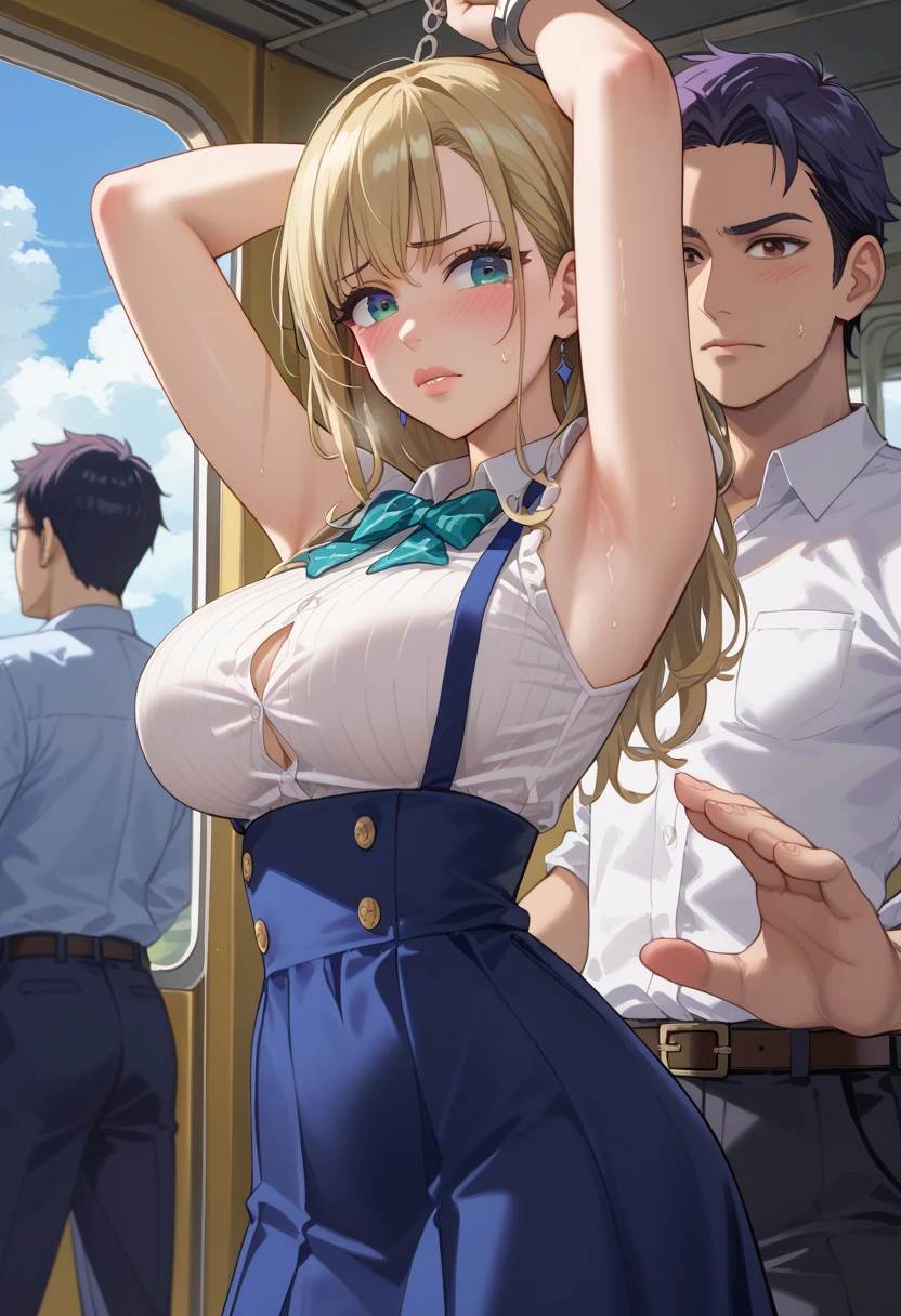 masterpiece, Highest quality, 1 person,( Large Breasts,Are standing, View your viewers,),Detailed Background、A person who writes in detail、Accurate human body、Knowledgeable person、Accurate 5 fingers,Mature Woman,Thighsが太い,Curvy Body,Cyclone \(Just once\),Thighs、alone,((All Samus, Blonde, Blue crop top, Blue shorts, Exposing shoulders, abdomen,)),((Absolute area)),Method TranT, (train interior), netorare, chikan, grabbing, hetero, pussy juices, molestation, public indecency, public use, fingering, 2 faceless male, assisted exposure