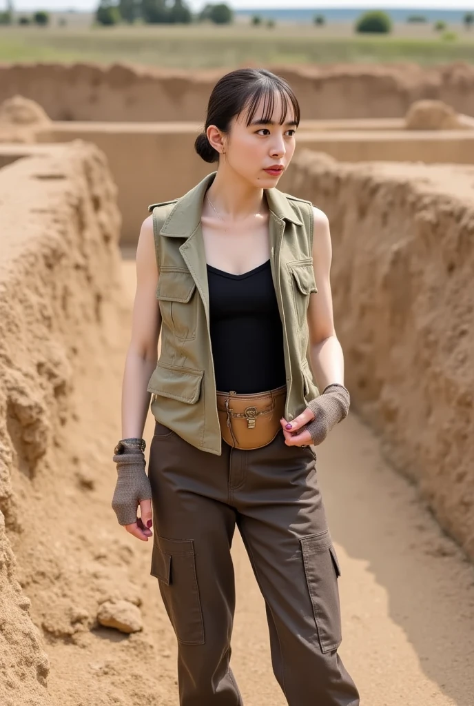 sky full of stars, charismatic, topless leather vest, boots, camping, backpack, army cargo trousers, sitting model pose, river, lanterns, night, extremely detailed eyes, extremely detailed face, best quality, extremely detailed, one person, one girl, ultra-detailed, (realistic, photo-realistic:1.3)