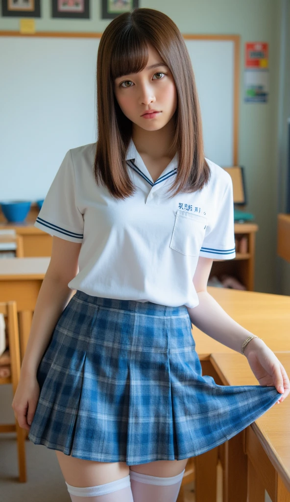 (Realistic, photo Realistic:1.2), ((Highest quality)), ((Fine grain、Beautiful Eyes、Beautiful Eyes))、Race Queen、Return the center of gravity, Quite embarrassing, Tight Skirt, (Pull-up skirt:1.3), No sleeve, Beautiful facial details, Real human skin, Gentle expression, Angle from below, Realistic, photoRealistic, cute, Short skirt, Deep in the schoolyard, cute school girl, Japan