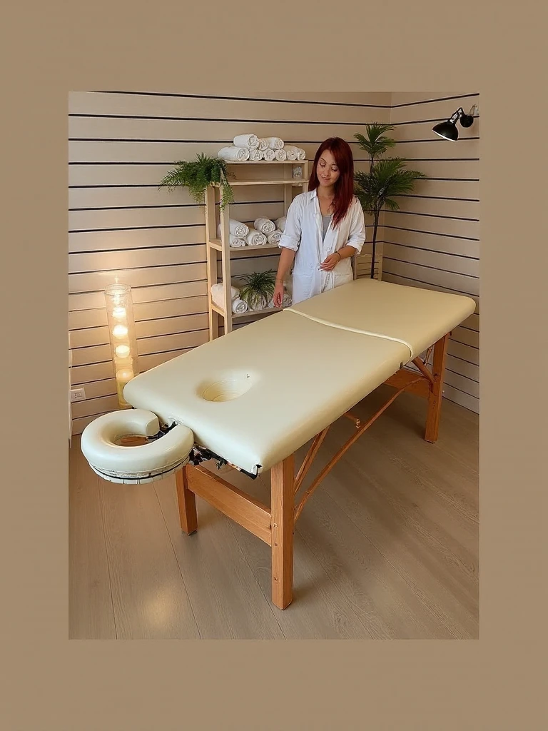 show a realistic image of a woman and show her full body, that she is completely naked and lying down, receiving a massage to increase her buttocks, receiving that massage from a male masseur in a massage booth, Decorated with a comfortable, pleasant and elegant atmosphere with very good lighting, with the walls painted in white and very light grey. Let the aurochs be smooth without showing columns,Show vacuum therapy machine and wood therapy tools