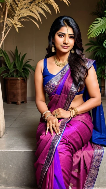photo of mdra woman, conservatively dressed, wearing Purple high neck Punjabi Suit that covers the neck breasts and midriff, dynamic pose, smiling, simple beach house interior background in bokeh <lora:mdra_Mandira_Bedi_SD15_LoRA_prodigy_local_regs:1>