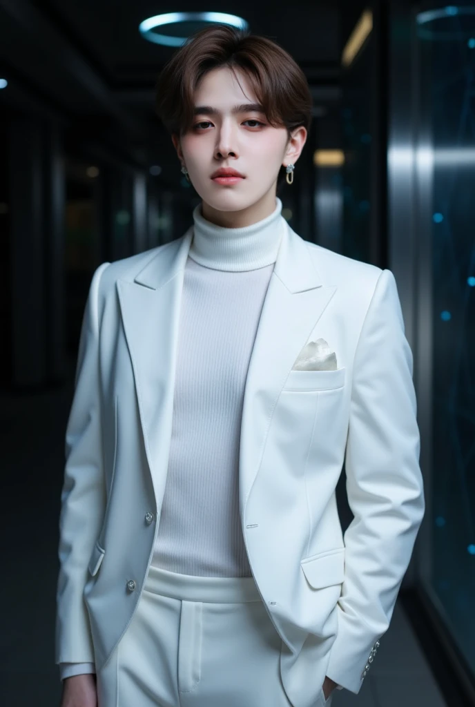 Arad man posing for photo in white suit, While wearing a white Business suits, White suit, wearing futuristic white suit, smooth white tight clothes suit, Suit boy, full-body xianxia, Handsome guy in white, Boy in suit, Cai Xukun, Lu Ji, wearing white clothes, wearing white suit and glasses, wearing fashion suit, HDR