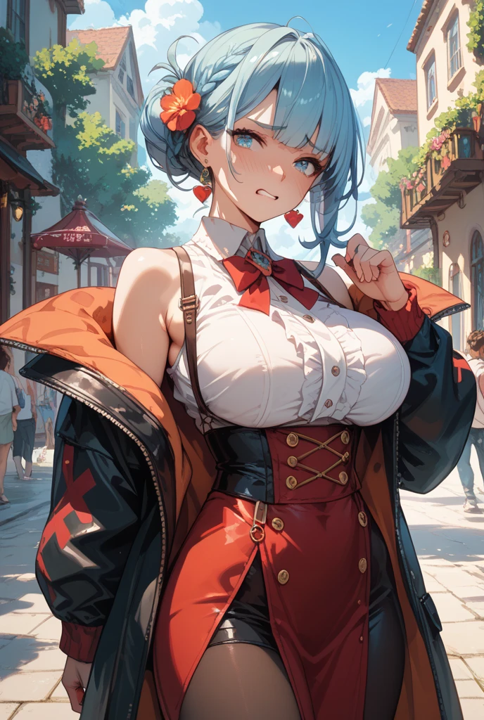 8k_wallpaper, extremely detailed eyes, extremely detailed body, (large masterpiece digital art), (detailed manga illustration), (detailed line art), ((perfect anatomy)), (intricate details:1.3), (ultra-detailed:1.3), (illustration:1.3), (sharp focus:1.3), (natural lighting:1.05), (vivid colors:1.3), (masterpiece), best quality, expressive eyes, perfect face, 1 girl, breasts, cleavage, gloves, large breasts, casual clothes, white shirt, tee shirt, denim jacket, jacket, {blue hair}, medium hair, wavy hair, (gray eyes), hourglass physique, alluring outfit, black denim shorts, shorts, dynamic pose, Huge ass, dynamic lighting, beautiful esd_woman, curvy, fur trim, hair bun, 