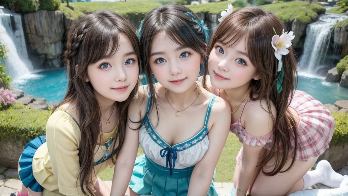 (3 girls), young faceอินโดนีเซีย, smile, white skin, Round breast, blue eyes,((Light sheer dress)Masterpiece, Highest quality, 8ก, beautiful girl, young face、 photography, Cute face, thigh,sea、รอยsmile、((((((12 years))))))、small waist、 ((Busty))blue eyes(((big breasts:1.0)))