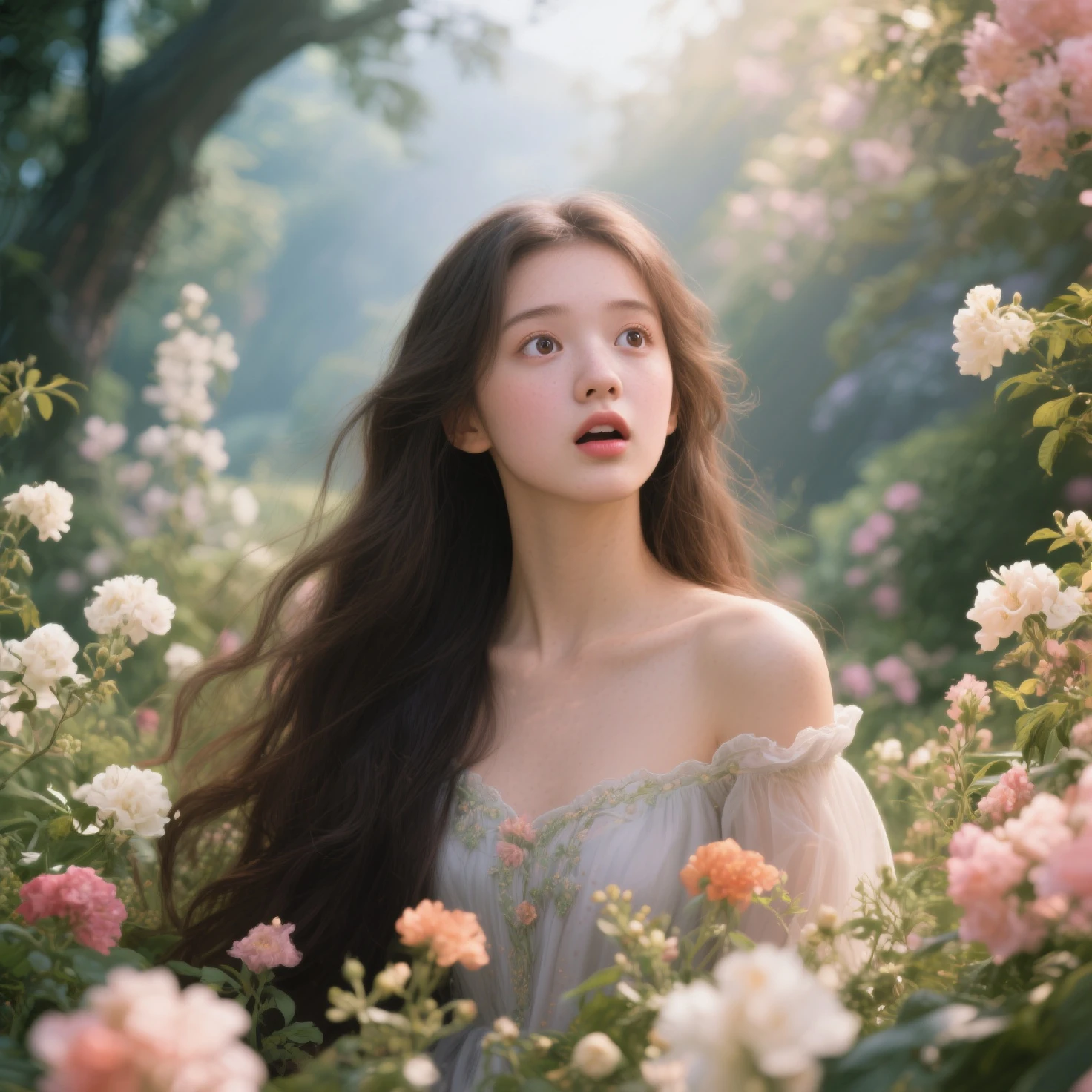 beautiful girl with long hair in a blooming garden, surprised facial expression, fantasy, High detail, realistic photo, High detail, digital painting, cinematic, is amazing, hyperrealistic, clear focus,  High resolution 8K , incredibly detailed