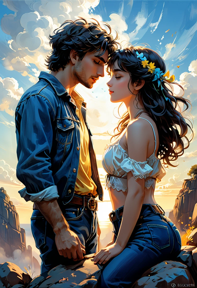 fluorescent horizon, digital brush strokes, stylish studio shading on top,
Shadow art, digital illustration, comic style. close-up, illustration, drawing of a couple of people standing on top of a rock, first love, first kiss, Pixiv competition winner, blue jeans. real 5, steam style,
yellow, blue and light blue,
Art by Giovanni Boldini, Bastien Lecouf-Degarme, Carn Griffiths, E. Abramzon, Raphael, Caravaggio, Coby Whitmore, Titian, Leonardo da Vinci, Studio Ghibli Genshin Impact