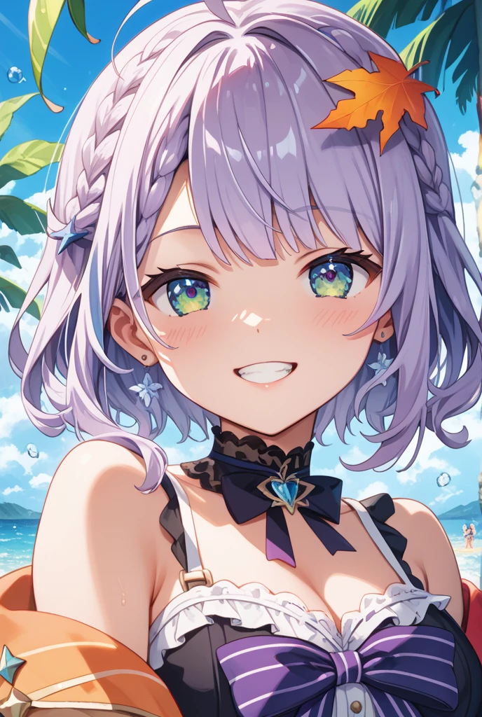 masterpiece,best-quality,high-quality,official-art,(beautiful-and-aesthetic),ultra-detailed,hires,extremely-detailed,an extremely delicate and beautiful,ultra high res,very-cute-and-beautiful-anime-1girl,grin, extremely-detailed-face-and-eyes,20-years-old,1girl,big breast, Flower Pattern Bikinis,outdoor,