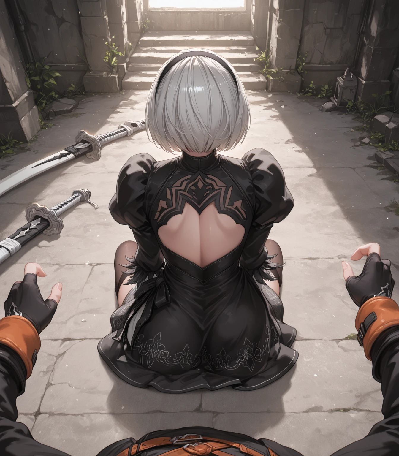 Nier automata, 2b, eyes covered, showing ass, half naked, forest backgroud.(((Half naked)))