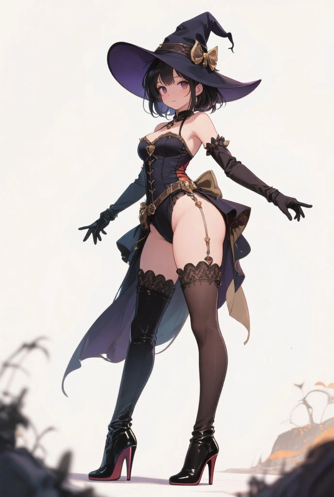((masterpiece)),(((best quality))),(((very detailed))), (Character design sheet, same character, same outfit, multiple views. 1 mature woman, long brown hair, eyes brown, naughty happy smile showing its fangs and sharp teeth. Dressed view, purple witch clothes, witch dress, long thigh-tight stockings, boots, hat. Underwear view, panties, bra. Fully naked view, medium breasts, thighs thick, abundant pubic hair, standing, digital sheet background, information on a shore.