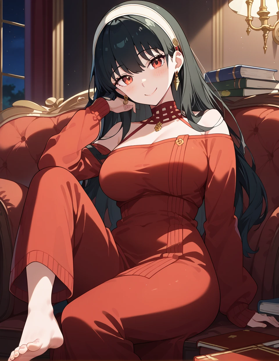((1girl)),((alone)),Yor forger,(masterpiece), (best quality), (ultra detailed), (best illustration), (best shadow), (absurdities), sharp focus, cowboy photo , mature woman, looking at viewer, big breasts, narrow waist, wide hips, wide thighs, round butt, dynamic posture, white headband, red eyes, black hair, short hair, hair with two long strands, gold earrings, jewelry, shoulders bare, collarbone, (red sweater, sweater dress: 1.1), bare back, long sleeves, (black pantyhose: 1.2), red heels, seductive smile, closed mouth, (sexy pose: 1.2), alone, standing: 1.3, outside ,night,cityscape, city,streets,city lights,looking forward, ((focus on panties)), pov (from below), red blush, perfect anatomy, perfect hands