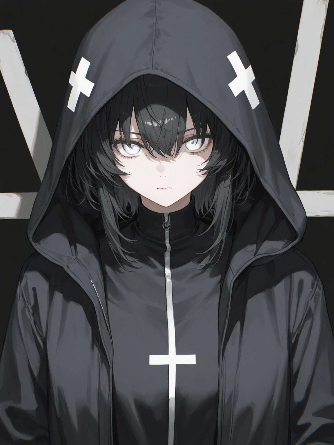 Runaway Girl,prison,female,korean,Dongtaenun,red eyes,long hair,black hair,alone,White hoodie,sadness,aggro,shackles,prisoner