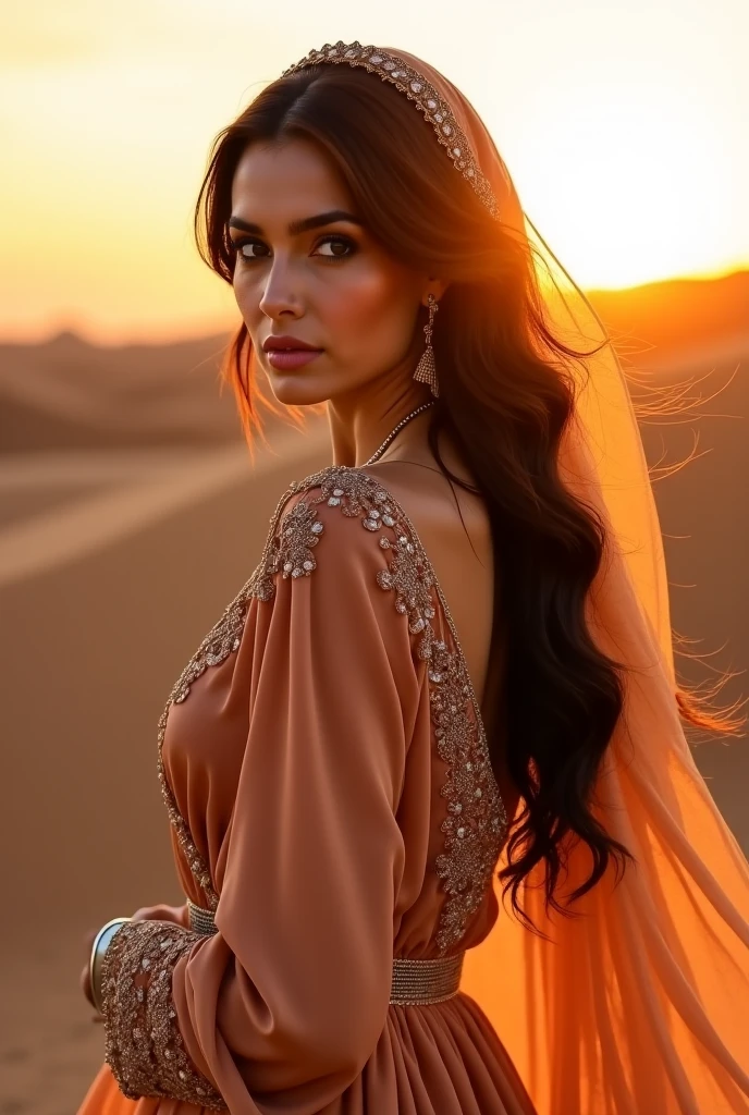 A striking woman with fiery hair, dressed in a flowing scarlet gown, stands alone in the vast and unforgiving desert. The setting sun casts a warm, golden light upon the sand dunes, painting a breathtaking canvas of contrasts between the intense red of her dress and the earthy tones of the landscape. A serene, almost mystical aura surrounds her as she gazes towards the horizon, a single desert flower delicately held in her hand. An exquisitely detailed oil painting captures every nuance of her attire and the intricate patterns of the sand, ensuring that her presence remains timeless and evocative.
