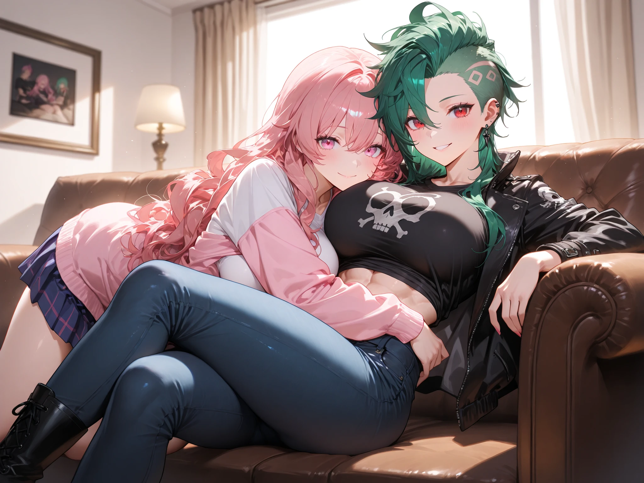 masterpiece,best quality,amazing quality,ultra-detailed,very aesthetic,sharp focus,depth of field,vibrant colors,ray tracing,best lighting,detailed illustration,detailed background,cinematic,beautiful face,(EyesHD:1.2),beautiful eyes,[character_1]female,pink hair,long wavy hairstyle,pastel pink eyes,girly aesthetic,fluffy pink coat,pastel blue t-shirt,long pink and blue skirt,living room background,{break},[character_2],futanari,green hair,mohawk styled hair,red eyes,toned body,[big breasts],goth aesthetic,ripped black jeans,spiked black jacket,black skull t-shirt,metal plated black combat boots,{break},both sitting on the couch,two characters,duo,two girls,cuddling on the couch,laying down,