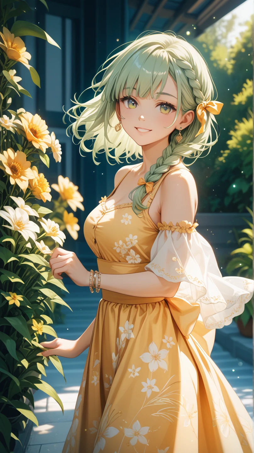(intricate details), (solo:1.1), mature female, standing, ultra detailed eyes, golden hair, textured bangs, (french braid), (flat chest), smile, (light green Victorian clothes:1.25), (in front of glass window, large window, Mattholia_incana \(flower\), blooming flowers, plants, trees), sunbeam, blurry background, (photorealistic illumination:1.1), soft lighting, bloom effect, mystic, perfect body, odsp, <lora:vanillaware_style_v04:1>