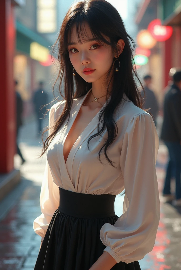 (bare breasts:0.2)best quality, ultra high res, (photorealistic:1.4), (green long hair:1.3), (azur lane\), 1girl, (Kpop idol), nsfw, slender body, looking at viewer, cute, detailed face, contrapposto, smooth skin, perfect anatomy, white camisole, pure black pleated skirt, cityscape, night, rain, wet, professional lighting, shopping mall rooftop cafe, outdoor, no teeth