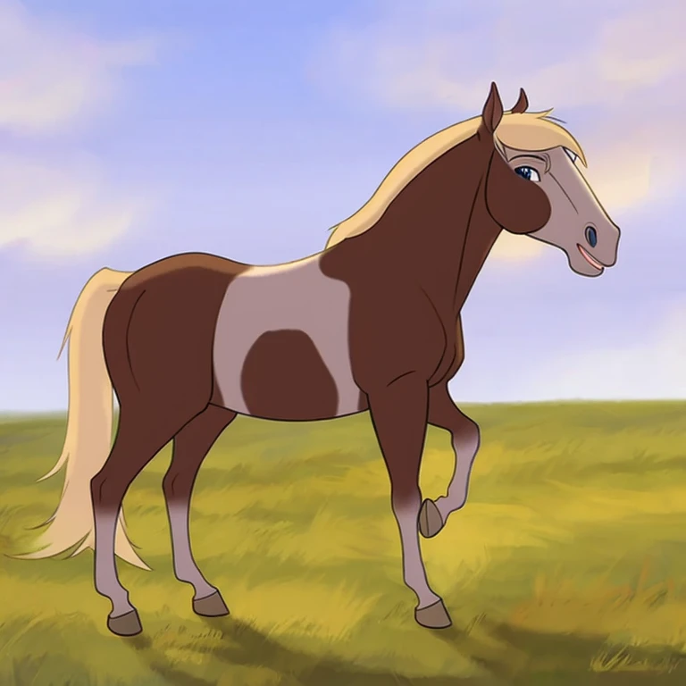 1horse, sorrel tovero paint horse with a roman nose, a pale blonde mane and tail, and crystal blue eyes, with eagle feather in her mane, (best quality, masterpiece), (one color background), (((fur))), (flat background), <lora:rain_from_spirit2002:0.7>, full body, 3d