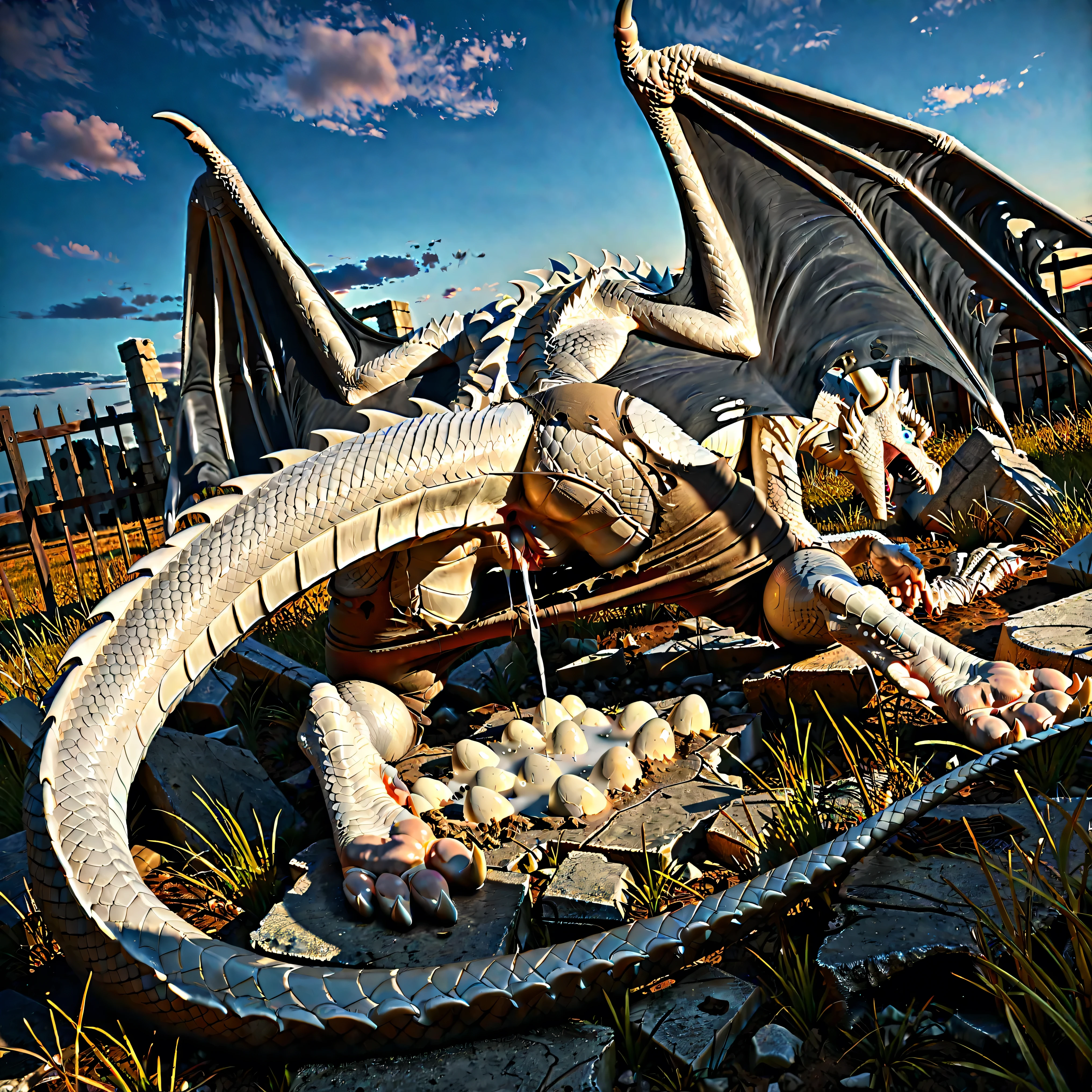 White dragon, on fours, stone fence, back, spine, leaning on stone ruins, female morfing into white dragon, leaning forward, torn brown pants, white horns, blue eyes, white scales, human scales, [skin: human scale: 0.9], paws, pads, paws, animal thick fingers, wings, fangs, claws, spreading gradual scales, dripping pussy, laying eggs from pussy, in pain, screaming, shaking, field, ancient ruins, dusk, dim, dark, (stunningly beautiful, highly detailed, good anatomy, sharp focus, Masterpiece, best quality, ultra detailed, ultra realistic, 8k, 4k, photorealistic, masterpiece