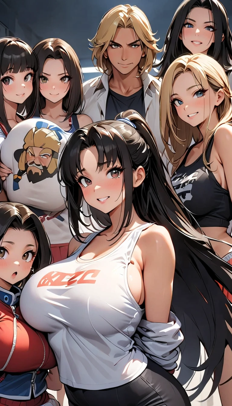 multiple Waifu, mothers gathered , smiling, milfs, masterpiece, curvy, breasts, moon, full moon, gloves, multiple girl, clenched teeth, cleavage, large breasts, teeth, maroon hair, brown hair, grey hair, ((white tank top:1.6)), blue eyes, rating:explicit,rule34, hardcore, tits,(( high ponytail:1.4)), clenched hands, night, sky, ((brown cargo pants:1.4)),(white skin:1.4), bare shoulders, blue hair, clenched hand, rating:questionable, (((multiple characters:1.5))), belt, solo, angry, lip biting(gigantic and massive tits:1.1), breasts, official illustration, illustration, detailed face, beautiful intricate eyes, curvy milf, 1:2), closeup, titsnipples