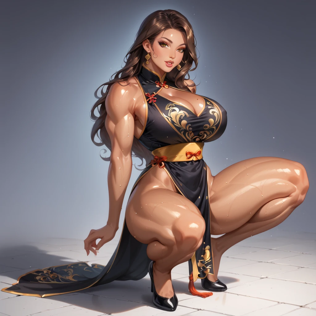 Detailed face, neat face, 8 K, HQ, art station, full body, 9 life, tall, long legs, ponytail, black hair, model standing, right hand on hip, qi-pao, cheongsam, dragon pattern, gold embroidery, blue cheongsam, sleeveless, legs visible through slit, knee-length long boots, black leather long boots, pin heel boots, muscular woman, raised muscles, protruding muscles, Muscular thick neck, split abs, blood vessels protruding from the arms, thick blood vessels protruding from the thighs, model photo session, flaunting muscles, showing off monstrous power, muscular! !! , bodybuilding, holding a weapon in one hand