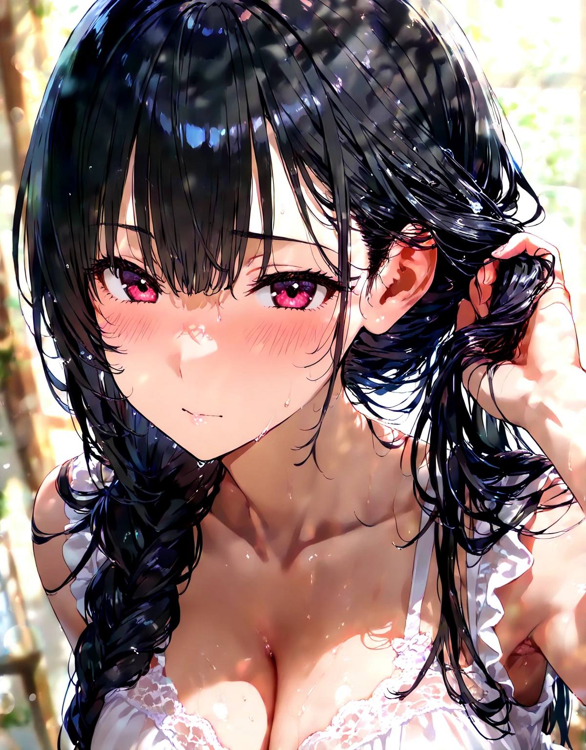 Kohaku from the anime called "Doktor Stone" in real life, gigantic tits, soaking wet, wiener clamped between her tits, Tongue out, eyes look very far up, all clothes transparent due to the moisture