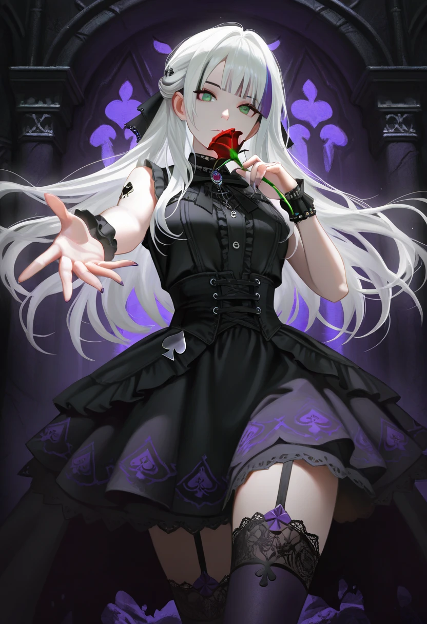 masterpiece, best quality, identity v, button eyes, 1girl, Vera's eyes are changed to a tone of mulberry and her hair is changed to a tone of light grey - her hairstyle remains the same. She wears cherry-red lipstick and slightly running mascara comes from her left eye,slim black ruffled gown with puffy shoulder-less sleeves attached to close-fitting long lace sleeves that reach over her wrists. The bodice has an unclear symbol stitched onto it. Half her face is covered with a black fishnet veil fixed on her head with a black rose and grey lace. She wears a pair of black high heels as well as a ribbon anklet on her right ankle. A glowing hot-pink jeweled silver ring adorns her left hand's middle finger <lora:identityV_v40:0.5>