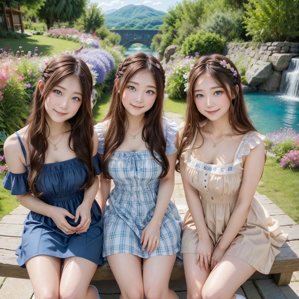 ( 3 women),smile、Look into the camera、diamond necklace、braided hair (Random color tank top:1.1)、The material is smooth and flexible..、revealing upper arms、Blue-green striped knee-length socks Extra long double tail feathers、close range shooting、Flower Hair Ornaments、Close your eyes、Garter、 Masterpiece, Highest quality, 8ก, beautiful girl, young face、 photography, Cute face, thigh,living in the grass、รอยsmile、small waist, blue eyes(((The chest is erect..)))(((round chest)))(((big breasts:1.0)))