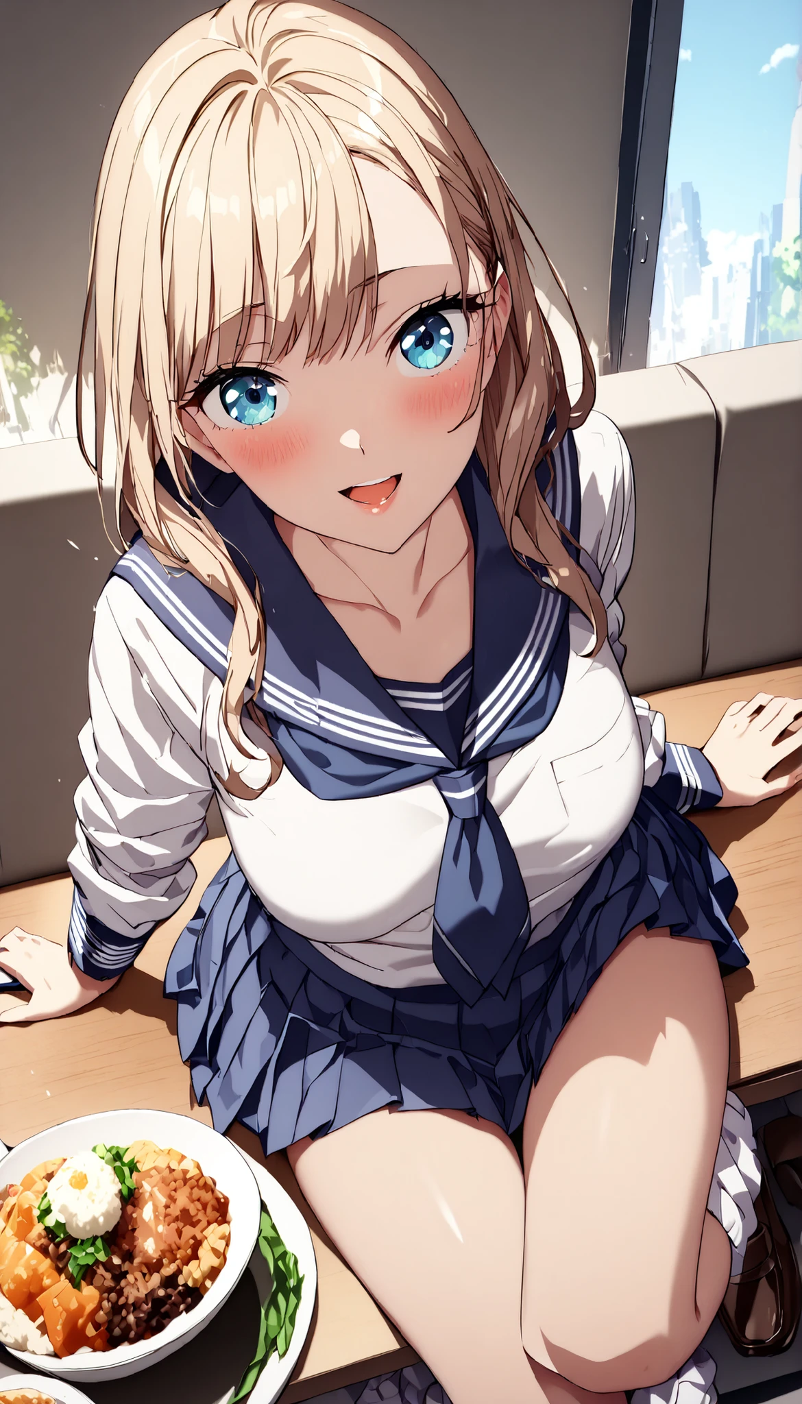 (Highest Quality:1.2, 4K, 8k, studio animation, very detailed, Latest, lively, High detail during meals, high contrast, masterpiece:1.2, Highest Quality, Best Aesthetics), (((1 girl on break day))), Sit and pose, JK, sailor suit, pleated skirt, loose socks, loafers, Please open your mouth slightly.:1.2, smile, Dynamic angle, look up:1.3, friendly atmosphere with attention to details, beautiful hair, shiny hair, beautiful skin, detailed face and eyes, glossy lips, Curvy Women, Conspicuous Contrasts,