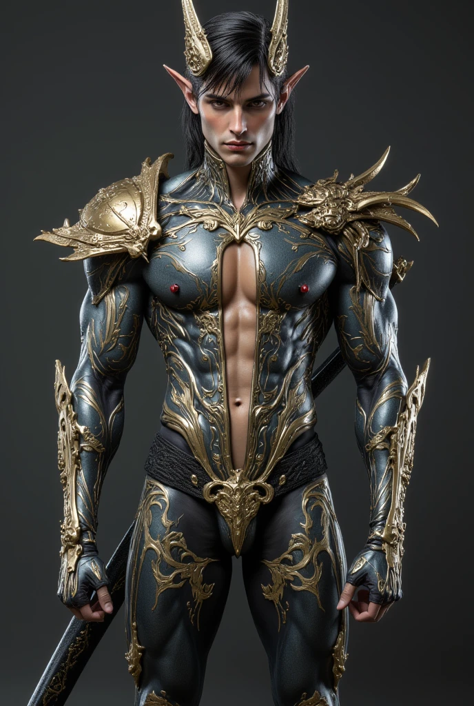 Model design，Tide play blind box，3D naked boy,GK, The whole body of the character，base，Wu Shixun，Raised sexy，coda，Long horns on the head，Transparent wings，Handsome cybernetic boy looking at camera lingerie detailed muscular reality masterpiece，musculous
