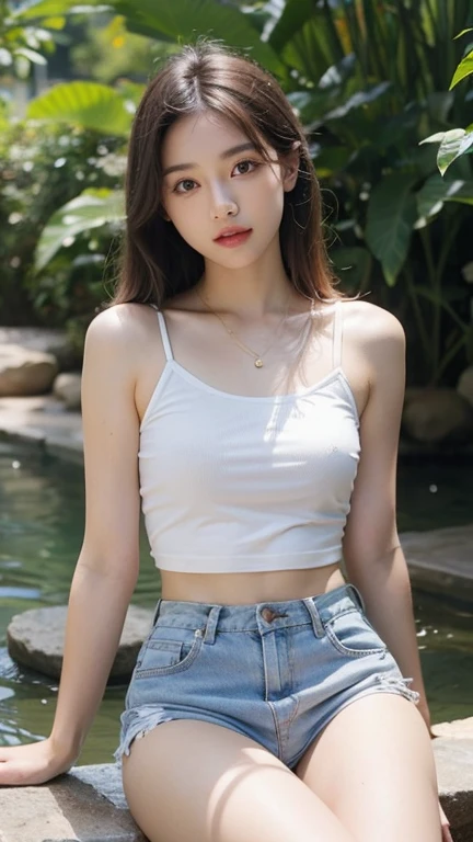 Tabletop, highest quality, (Perfect Face:1.1), (Attention to detail:1.1), (Ultra-detailed eyes), dramatic, Ultra-thin illustration, Very detailed,One Girl, teenager,(Pale skin), Happy, smile, enjoy, Brown long hair、See-through bangs,Glow Eyes,Pink Eyes,Psychic Eyes,Open your mouth,smile,alone,Pouting,Cinema Lighting,Cowboy Shot,View your viewers, Tank top, Halter top, mini skirt,Tight Skirt,jeans,Outdoor,blue sky,sunny