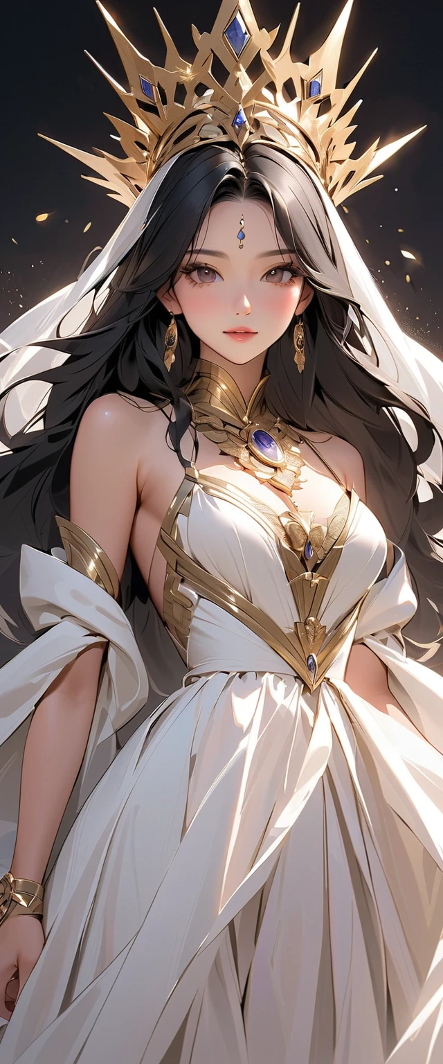 A stunning 8K cinematic anime-style illustration depicts a beautiful woman in ancient attire, standing on silver-white sand , a starry night sky. Her long, black hair is adorned with elegant hairpins, and her eyes are black like deep pools. She wears intricate white  clothes, accessorized with exquisite jewelry. hold body. The background highlights the vast universe with a galaxy of stars, while the surroundings include laurel trees. The atmosphere is calm and cool, with vibrant colors and intricate details, evoking a sense of high-quality, almost painterly, animation., vibrant, anime, painting, cinematic, illustration
