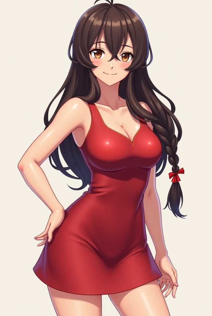 Selfie shot, detailed face, upper body view, detailed body, 4k, Sumergai Lee Noriega, best quality, anime style, hires, highest definition, digital blending, bold drawing lines, ((), (slender body), mature woman, (female wrestler, red chinese dress), cheerful, gorgeous, smile, (closed mouth), (pale skin, shiny skin, lighting and shadow), (cleavage), (clean face), (warming up), closed fists, (brown hair, curly hair, long hair), 27 years old, sexy, armpits, sweaty armpits,