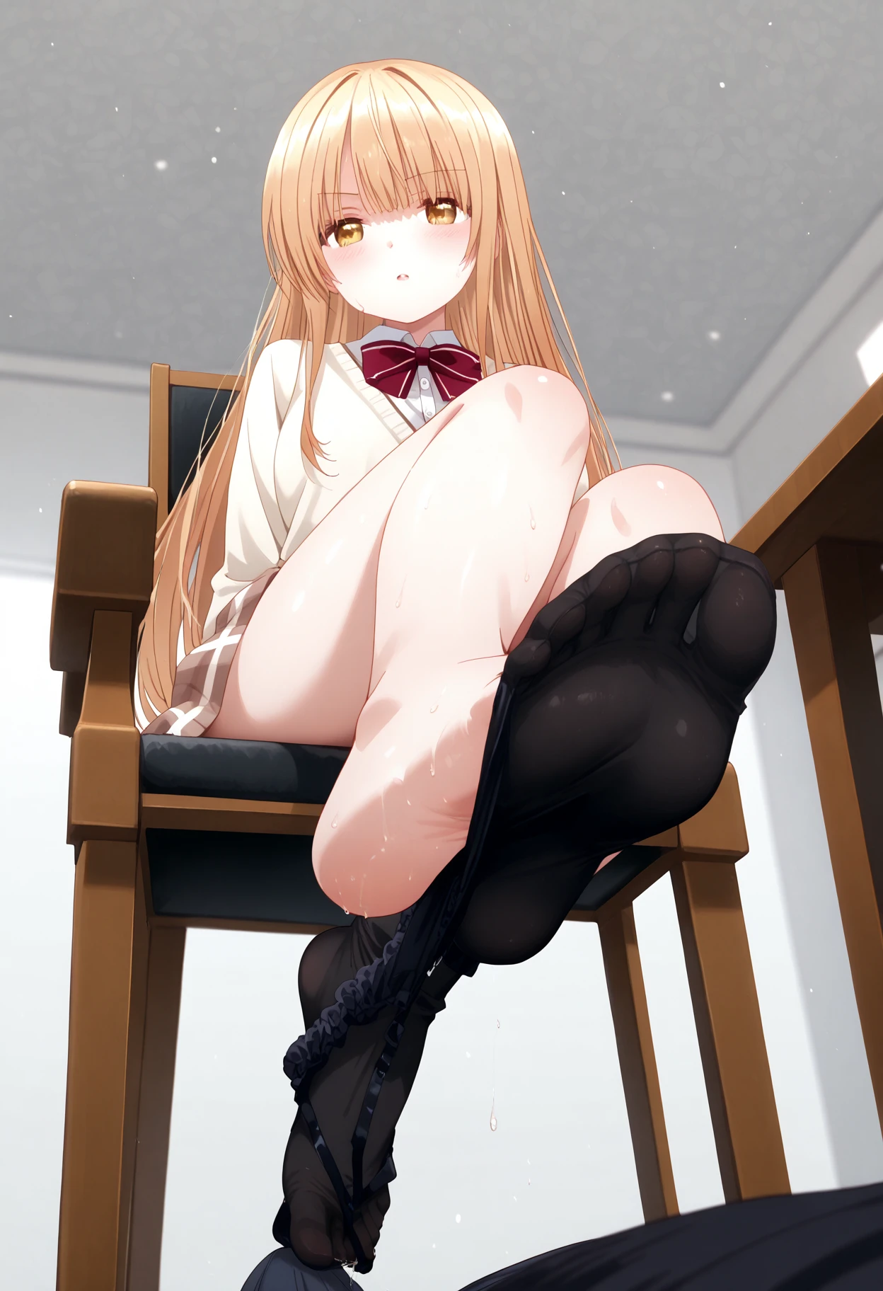 1girl, cute, from below, ((naked pussy)), blonde hair, yellow eyes, school, ((pussy)), ((looking down)), ((looking at viewer)), (black tights), ((thicc thighs)), sitting, bottom view, (heels), (scared)