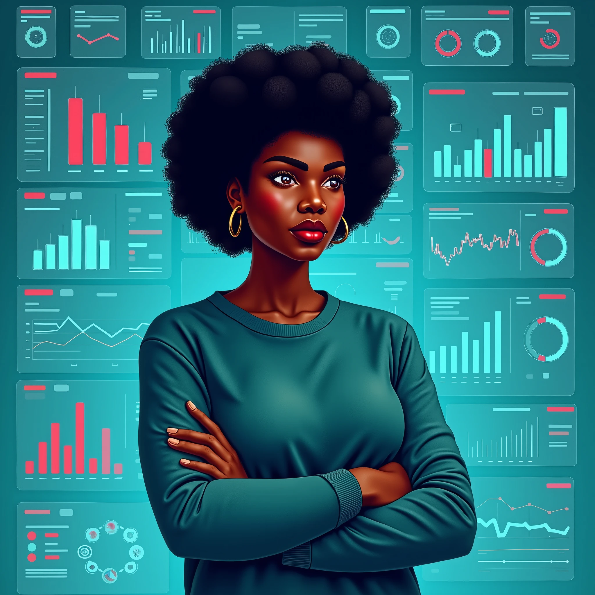 In the image, a black woman in a sweatshirt is standing with her arms crossed against the background of a large number of digital interfaces and graphs, they seem to be in a semicircle. She looks thoughtful, maybe, analyzing. In the background, digital panel visualization: charts, diagrams , icons, trend lines, interfaces with analytical data. Everything is done in a modern flat style with a predominance of turquoise, in red and pink.