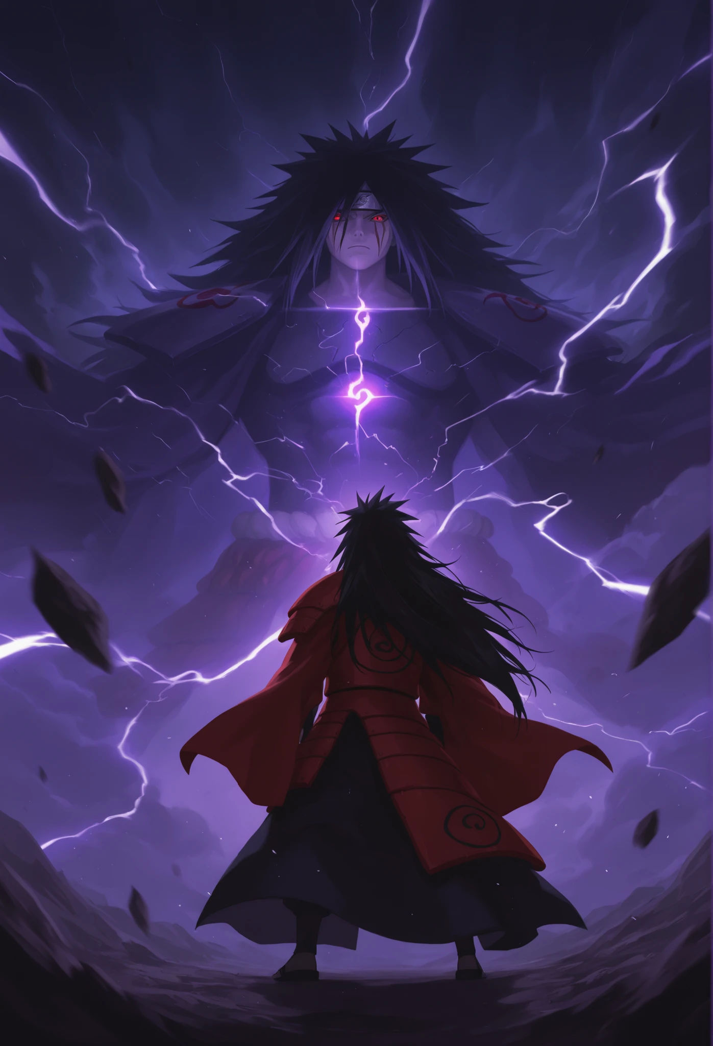 "Madara Uchiha from Naruto standing with a dominant and calm expression, long black hair flowing, wearing his red samurai-style armor. His Eternal Mangekyou Sharingan and Rinnegan eyes glowing. A powerful, dark purple and blue aura radiates around his body, with chakra energy swirling, particles rising, and the ground slightly cracking under his power. Background is dramatic, with storm clouds, lightning, and floating debris to emphasize his overwhelming presence. Highly detailed, anime style, epic and intense atmosphere."