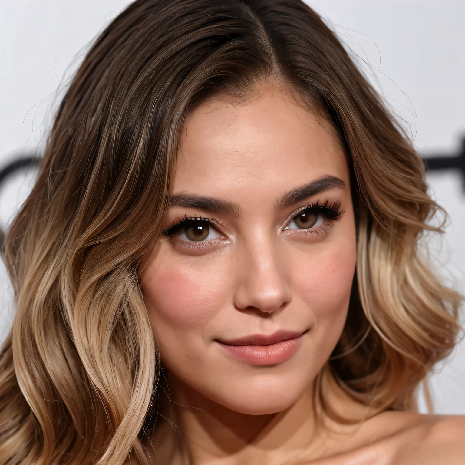 hyper-realistic close-up portrait of a 22-year-old Brazilian woman with lightly tanned, golden skin. She has long, wavy, dark brown hair with subtle chocolate highlights, reaching her mid-back. Her eyes are large, almond-shaped, and deep hazel brown, with naturally thick eyelashes. Her eyebrows are full, elegantly arched, and well-groomed. She has a small, straight nose with a slight curve, and full, naturally rosy lips. Her face is oval-shaped, with a delicate dimple on her left cheek when she smiles