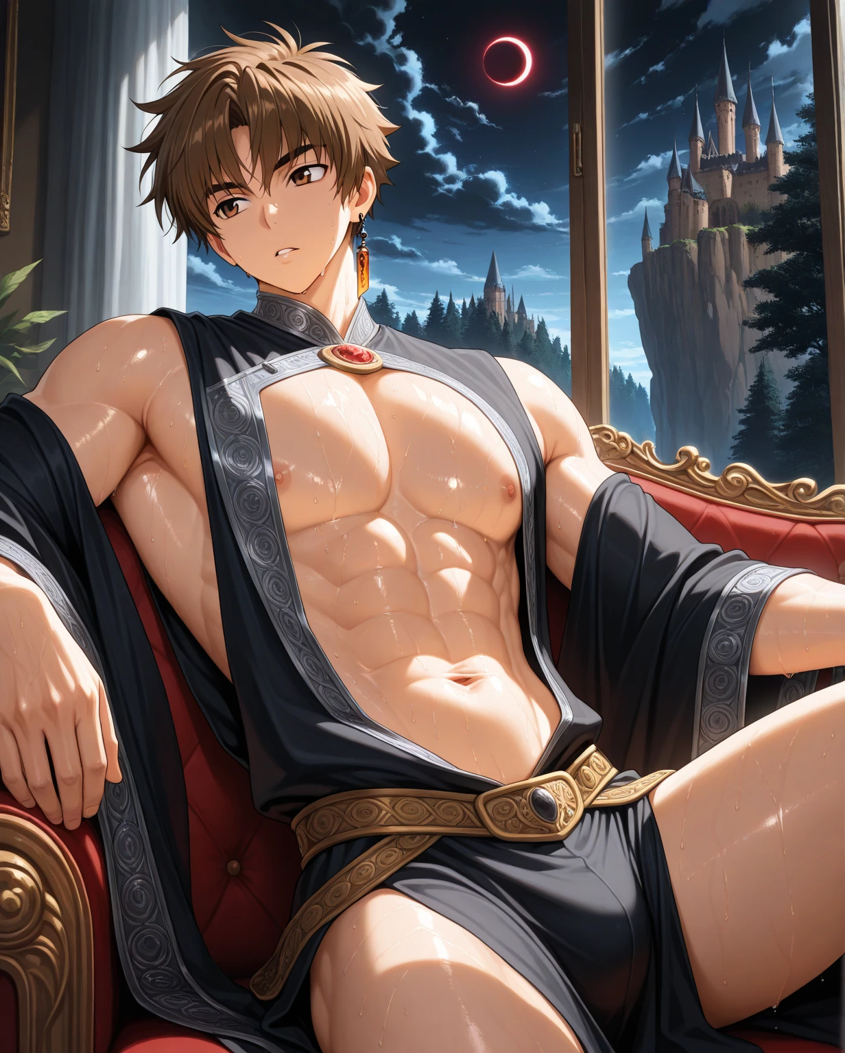 Muscular and sexy man flexing naked looking at camera 2D anime illustration